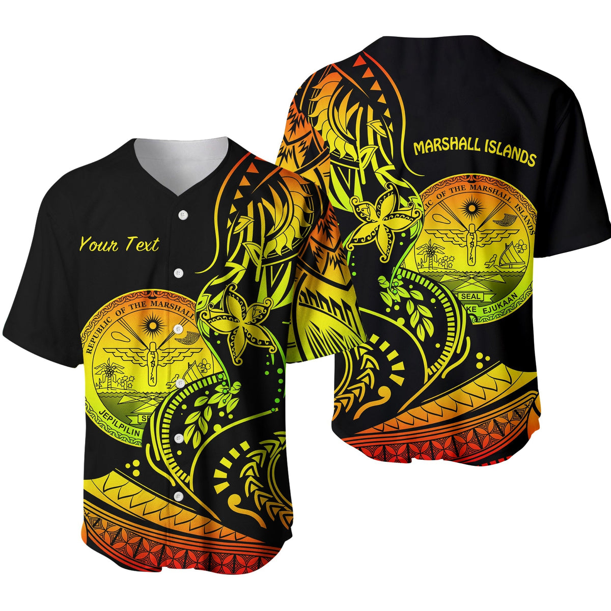 Black jersey with neon green/yellow/orange Marshall Islands crest and custom text