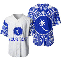 White baseball jersey with blue tribal pattern, palm emblem and 'YOUR TEXT'