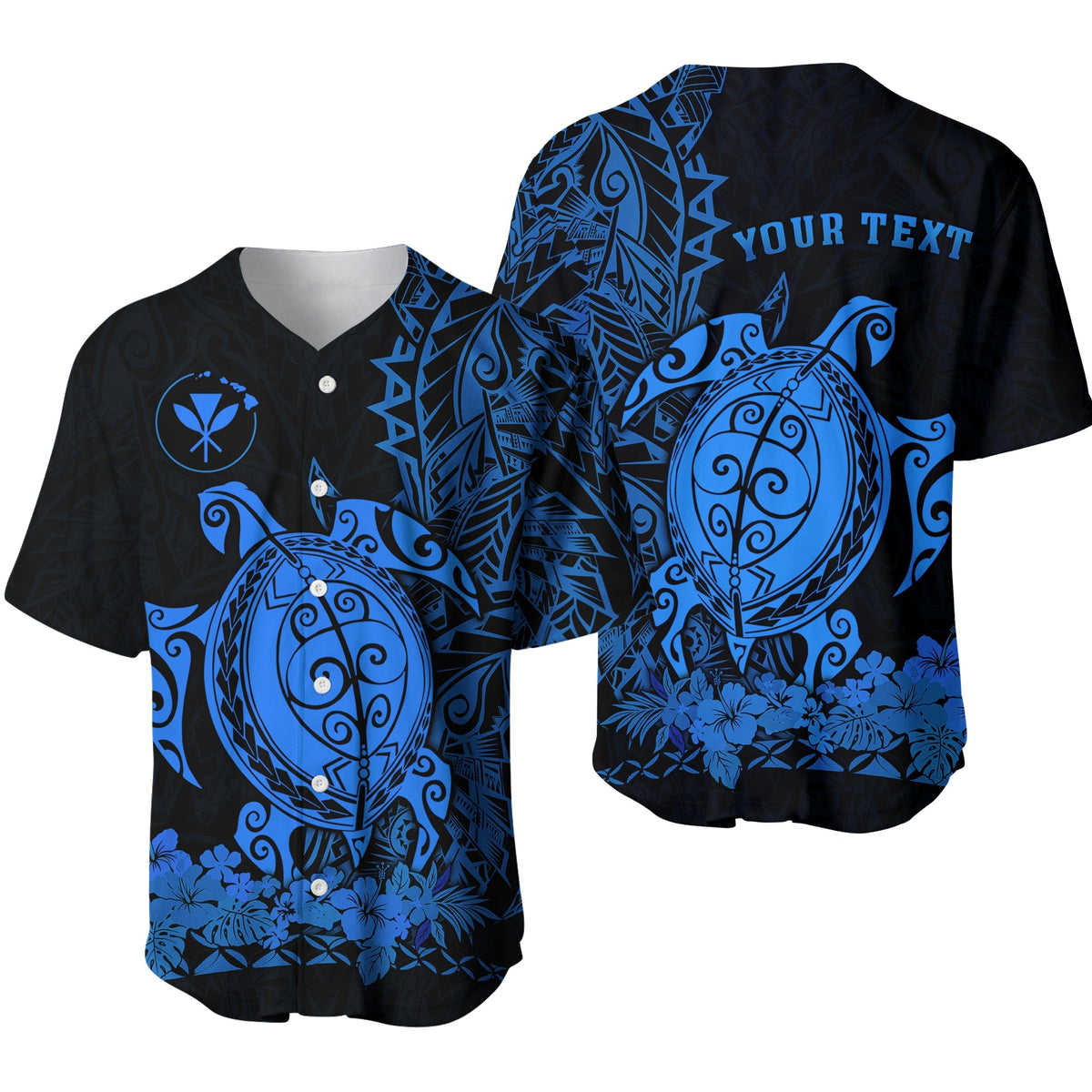 Polynesian baseball jersey blue with sea turtles, tropical flowers and custom text on back