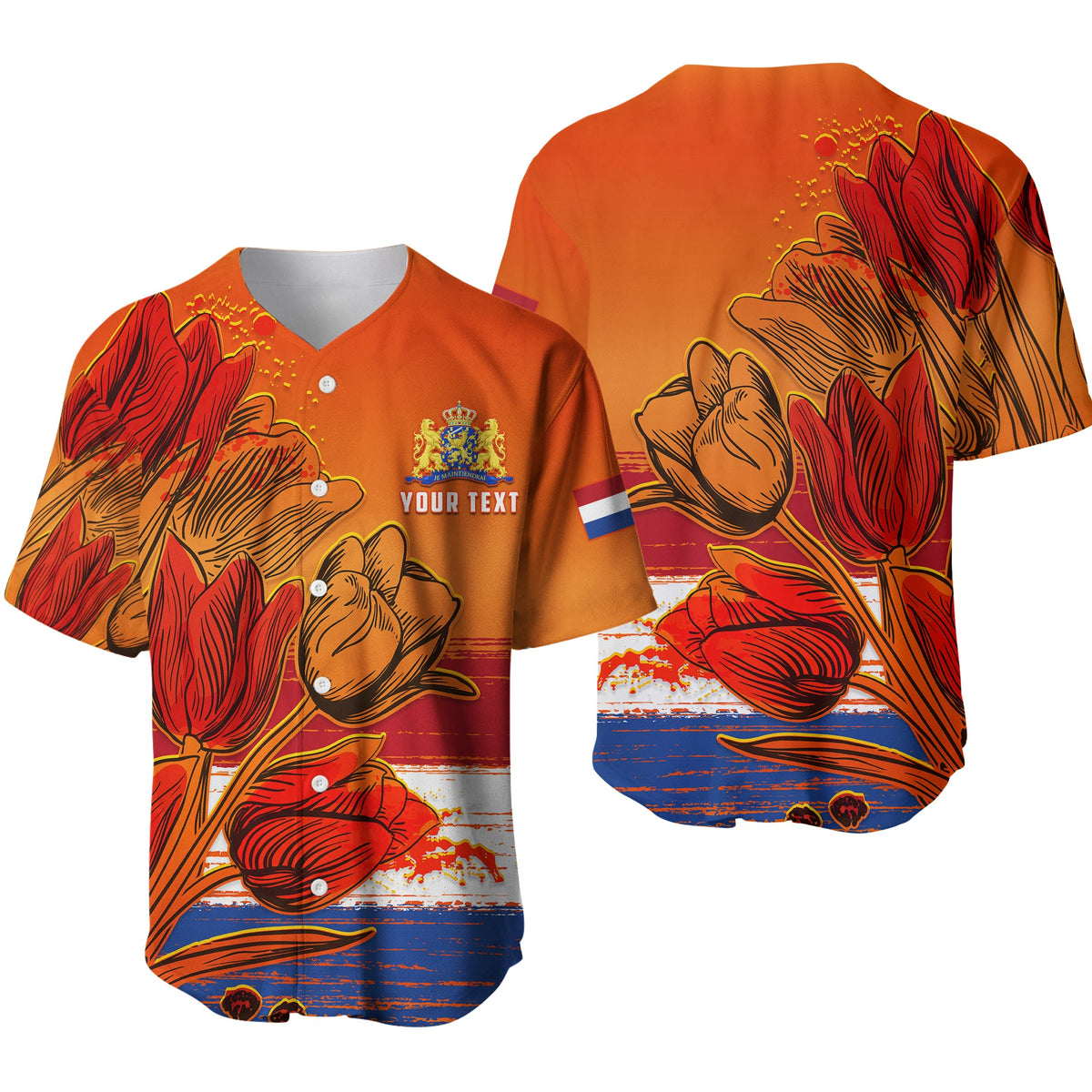 Orange tulip baseball jersey shown front and back with Dutch flag sleeve and buttoned V-neck