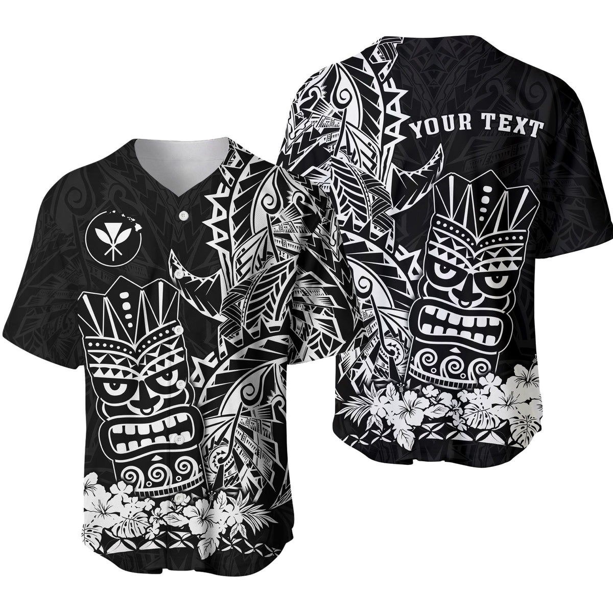 Black baseball jersey with Polynesian tiki masks, floral hem, and customizable text