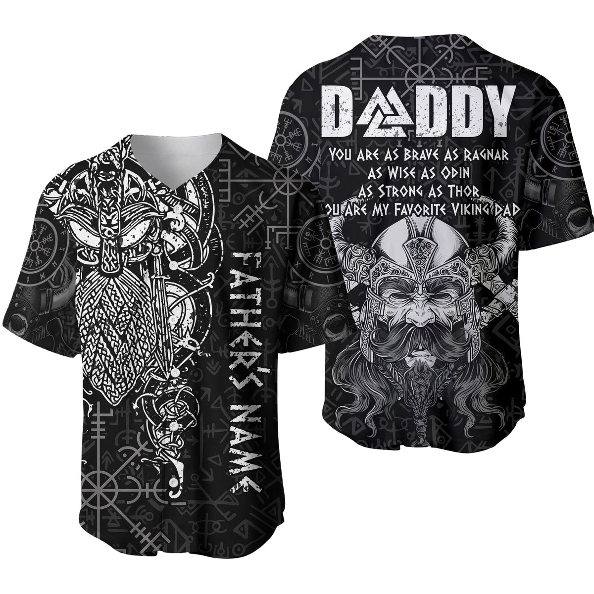 Black baseball jersey front and back set: Viking warrior and DADDY rune prints