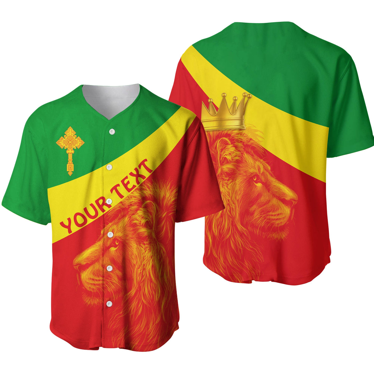 Custom baseball jersey with Ethiopian flag stripes, lion graphic, gold crown, button front