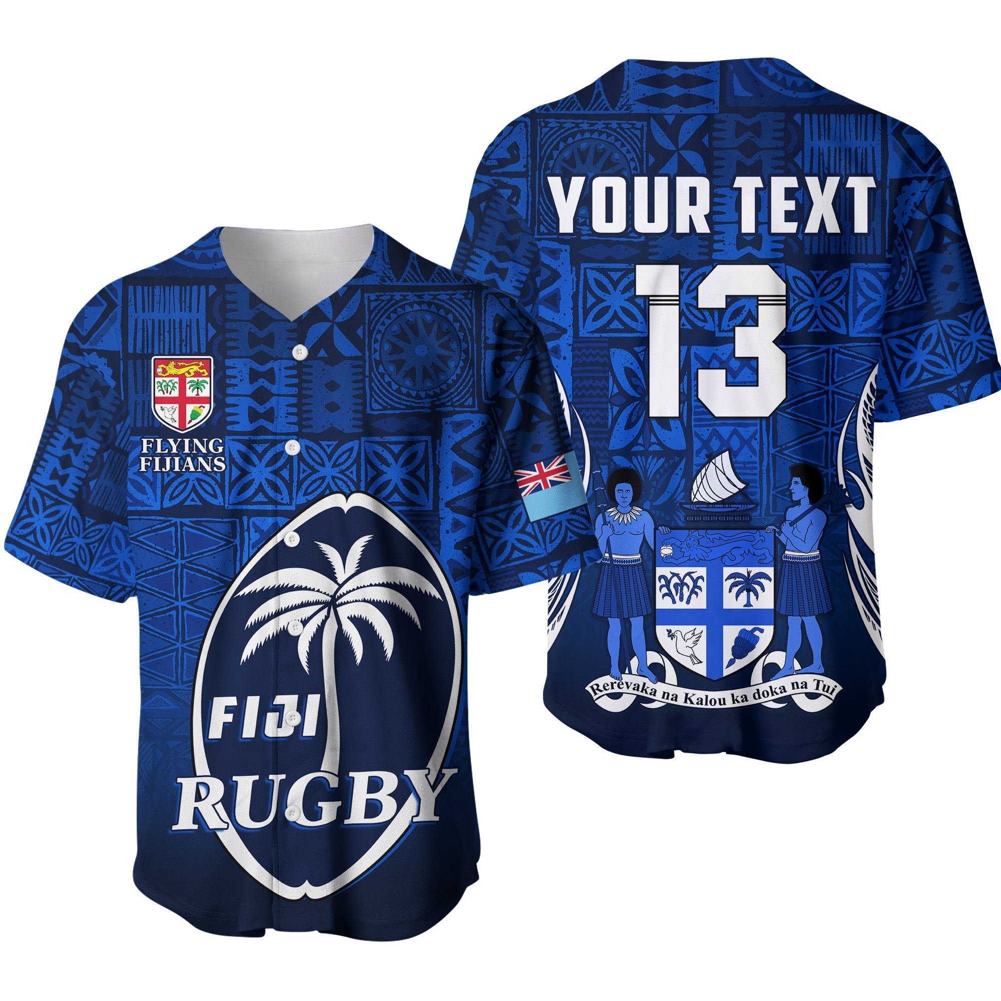 (Custom Text and Number) Fiji Rugby Baseball Jersey Flying Fijians Blue Tapa Pattern LT13 - Wonder Print Shop