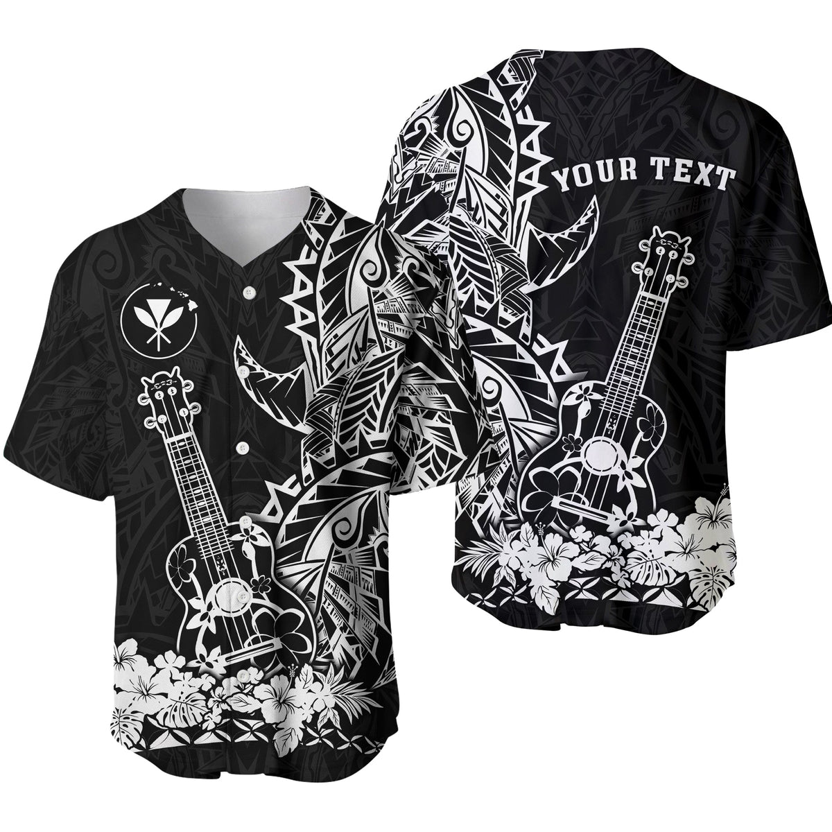 Black Hawaiian Polynesian baseball jersey with white ukulele, floral hem, short sleeves
