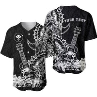 Black Hawaiian Polynesian baseball jersey with white ukulele, floral hem, short sleeves