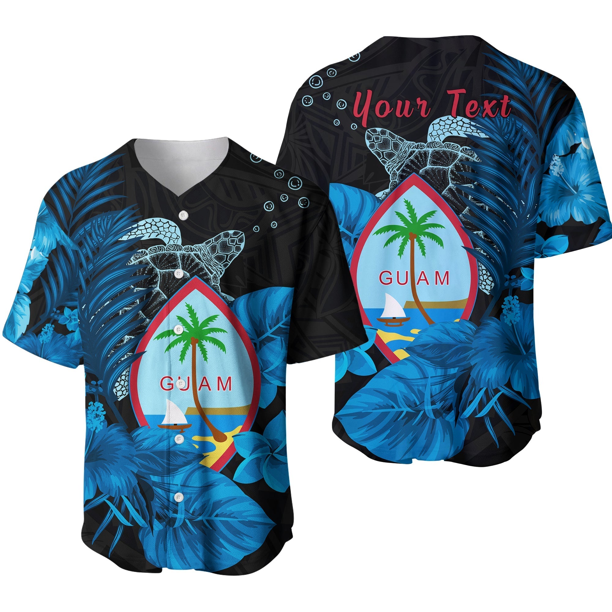 (Custom Personalised) Guam Seal Baseball Jersey Polynesian Turtle with Flowers Version Blue LT13 - Wonder Print Shop