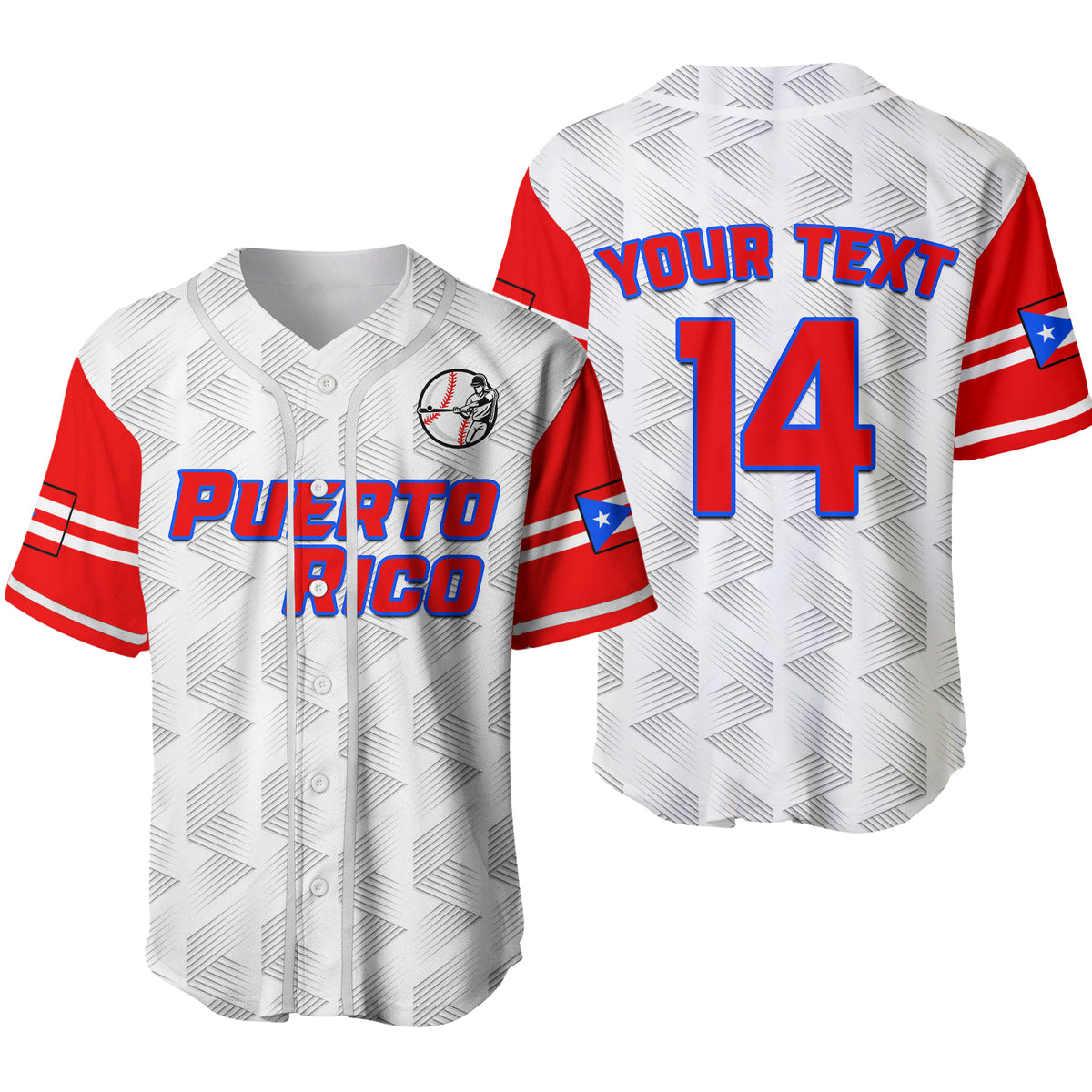 White baseball jersey with red sleeves and striped trim, Puerto Rico front graphic