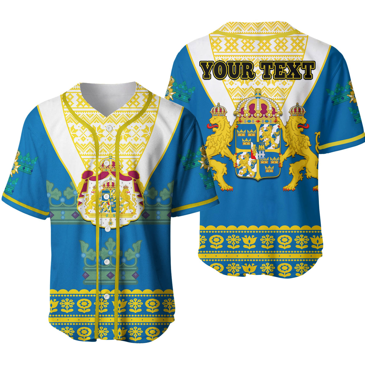 Blue baseball jersey with Swedish coat of arms and Nordic flower pattern, zip front
