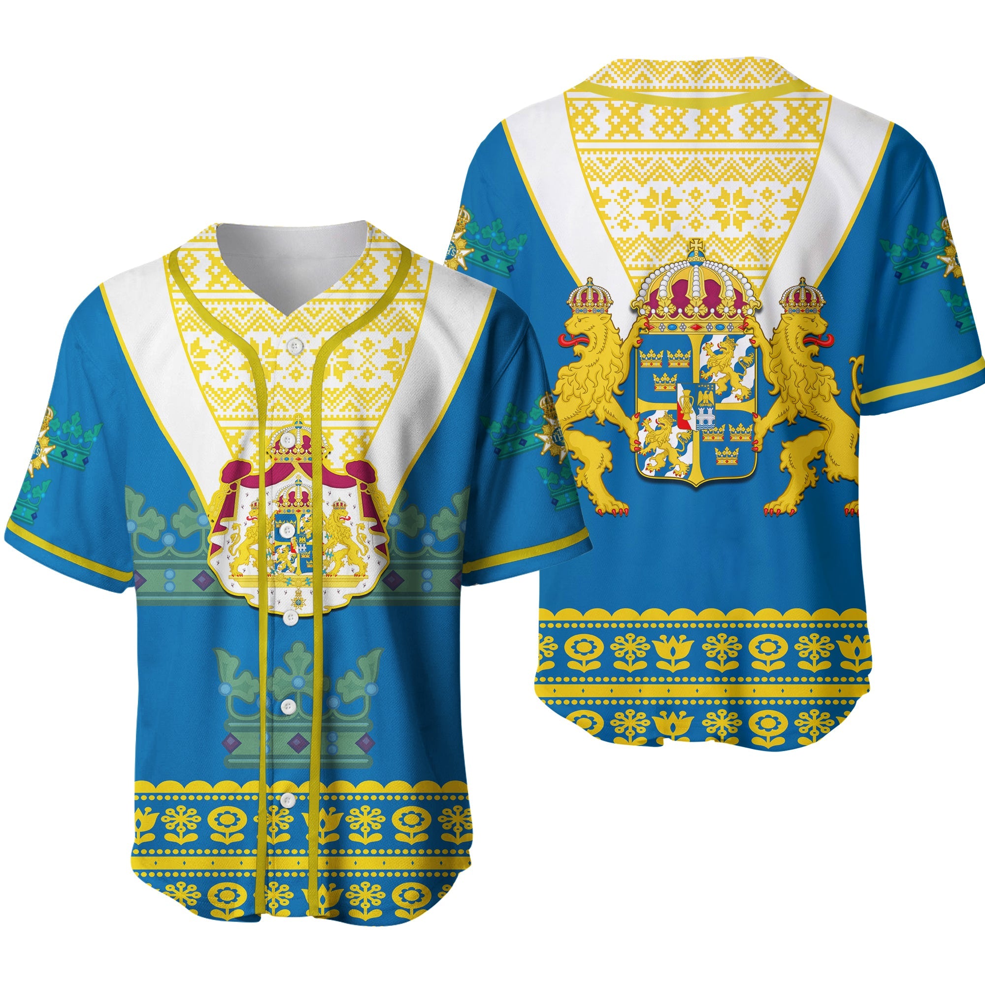 Sweden Baseball Jersey Swedish Coat Of Arms With Scandinavian Flowers Ver.02 - Wonder Print Shop