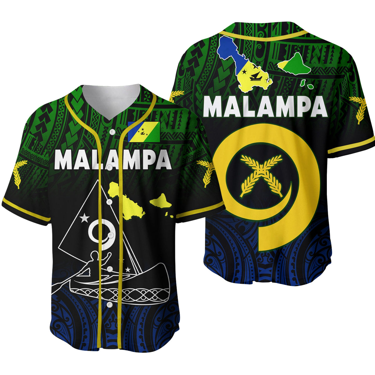 Black baseball jersey with yellow trim, green pattern, MALAMPA text and blue canoe logo