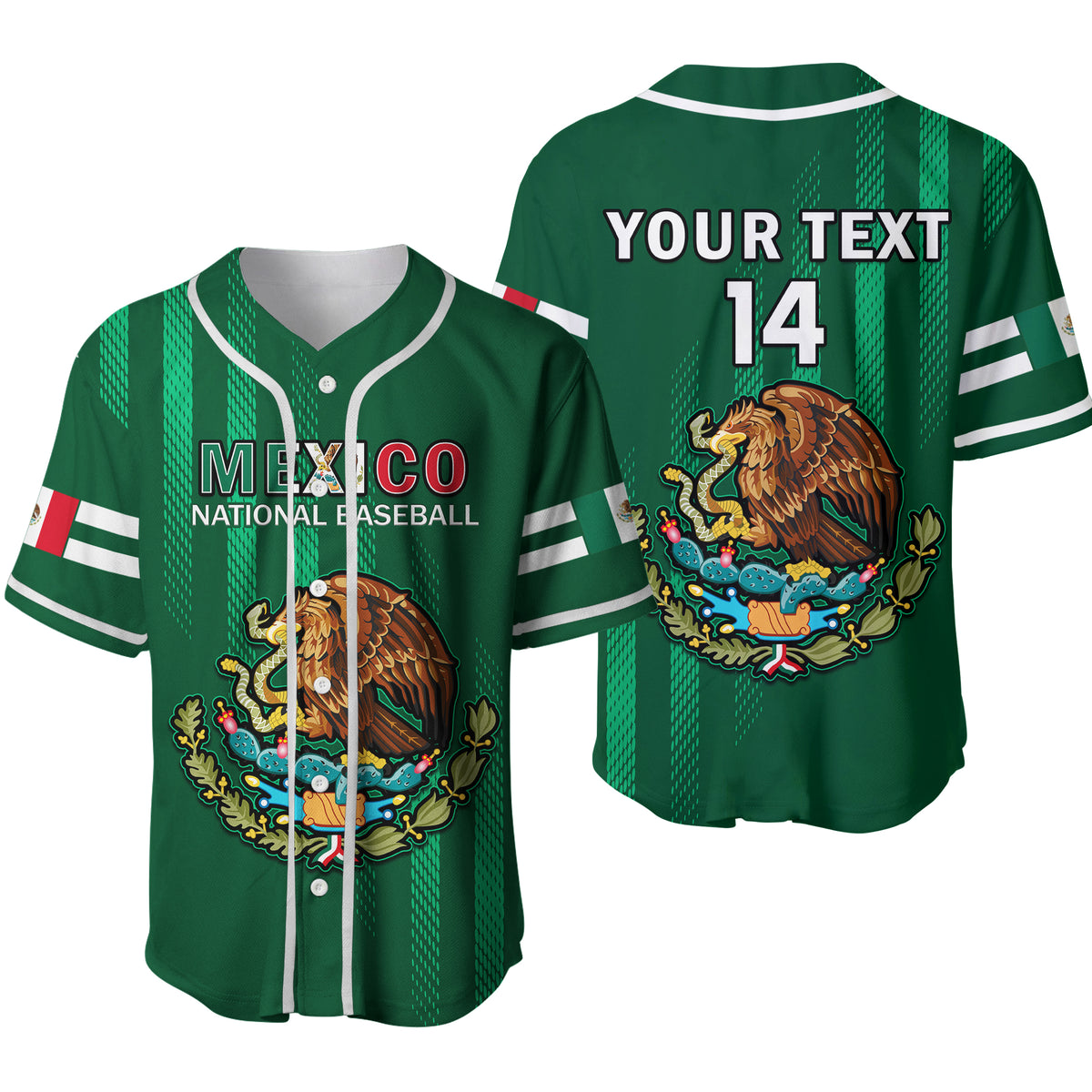 Green Mexico baseball jersey with button front, white sleeve stripes, crest and number 14