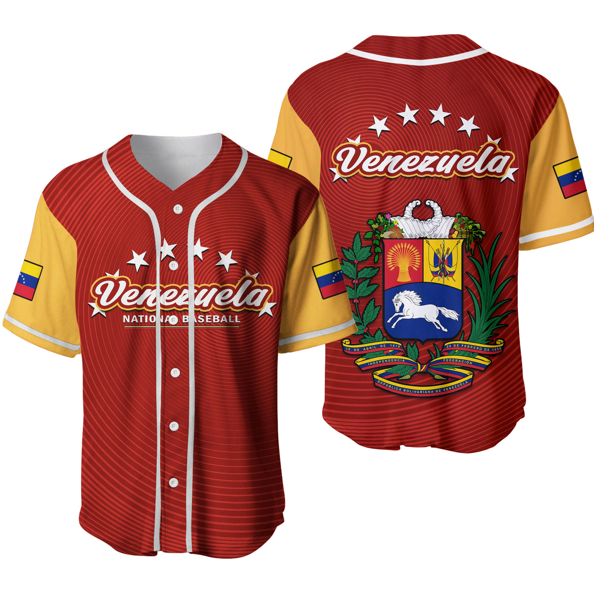 Red baseball jersey with white trim, button front, Venezuela logo and crest, short sleeves
