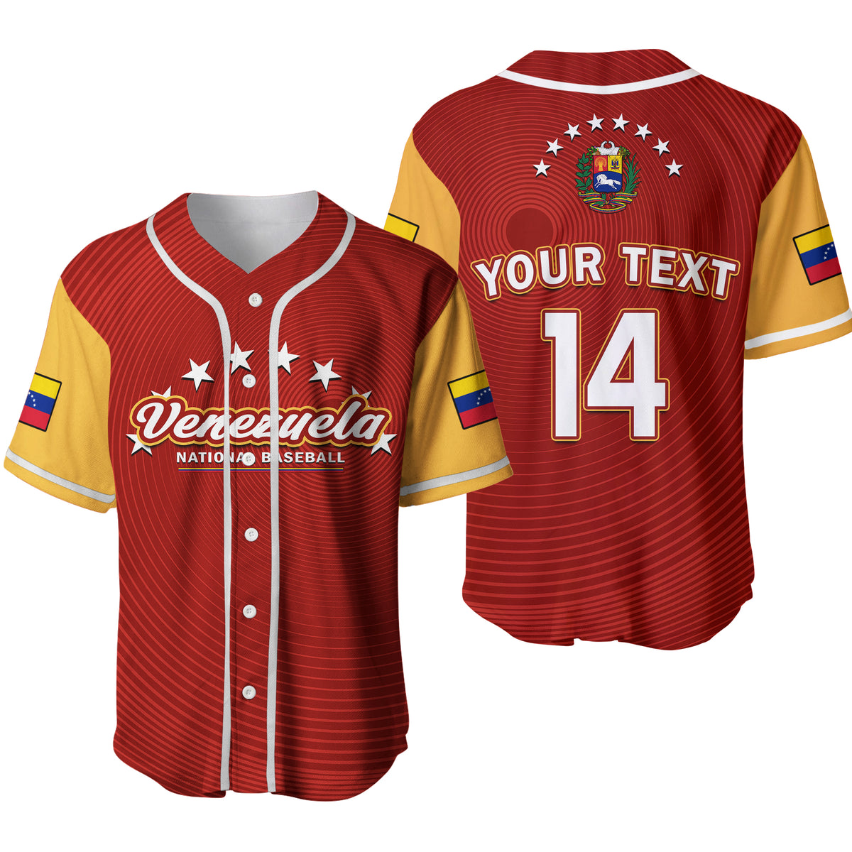 Red and gold baseball jersey with stars crest, white trim, custom text and number 14