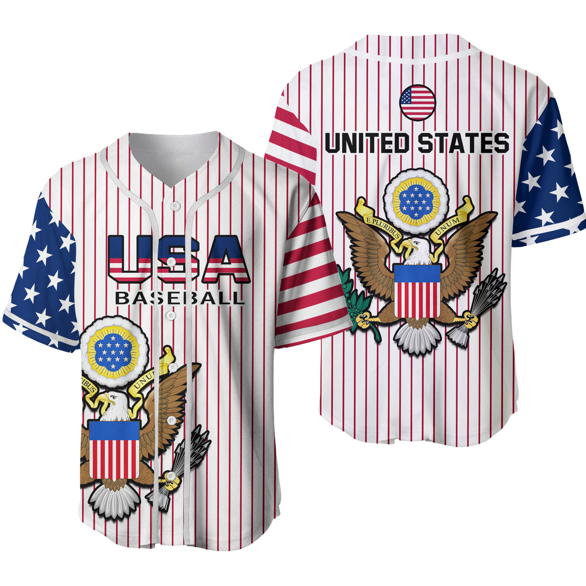 Baseball jersey with white red pinstripes, blue star sleeves, United States crest.