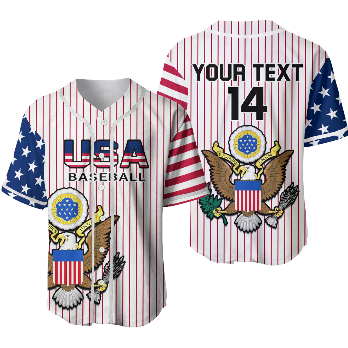 Baseball jersey with red-and-white pinstripes, blue star sleeves, and large eagle crest