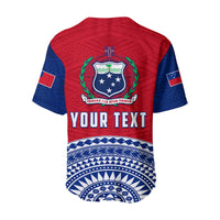 Back view red and blue baseball jersey with crest, 'YOUR TEXT', and Polynesian border