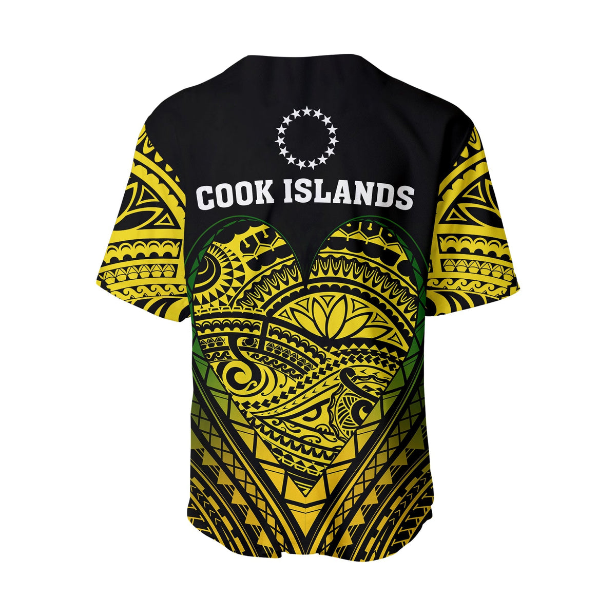 Baseball jersey black back with star circle and Cook Islands lettering, yellow/green crest