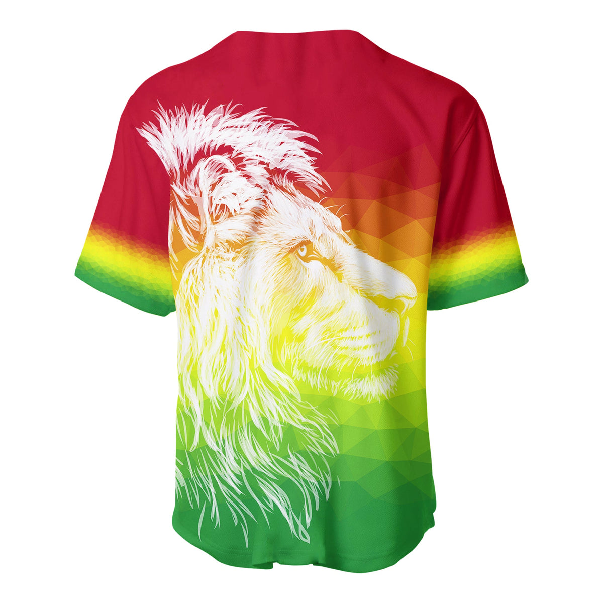 Red back baseball jersey with large lion graphic over flag-style gradient