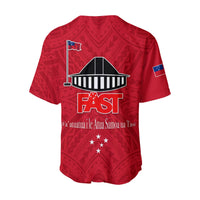 Red Samoa baseball jersey back, FAST shield graphic, flag detail and stars