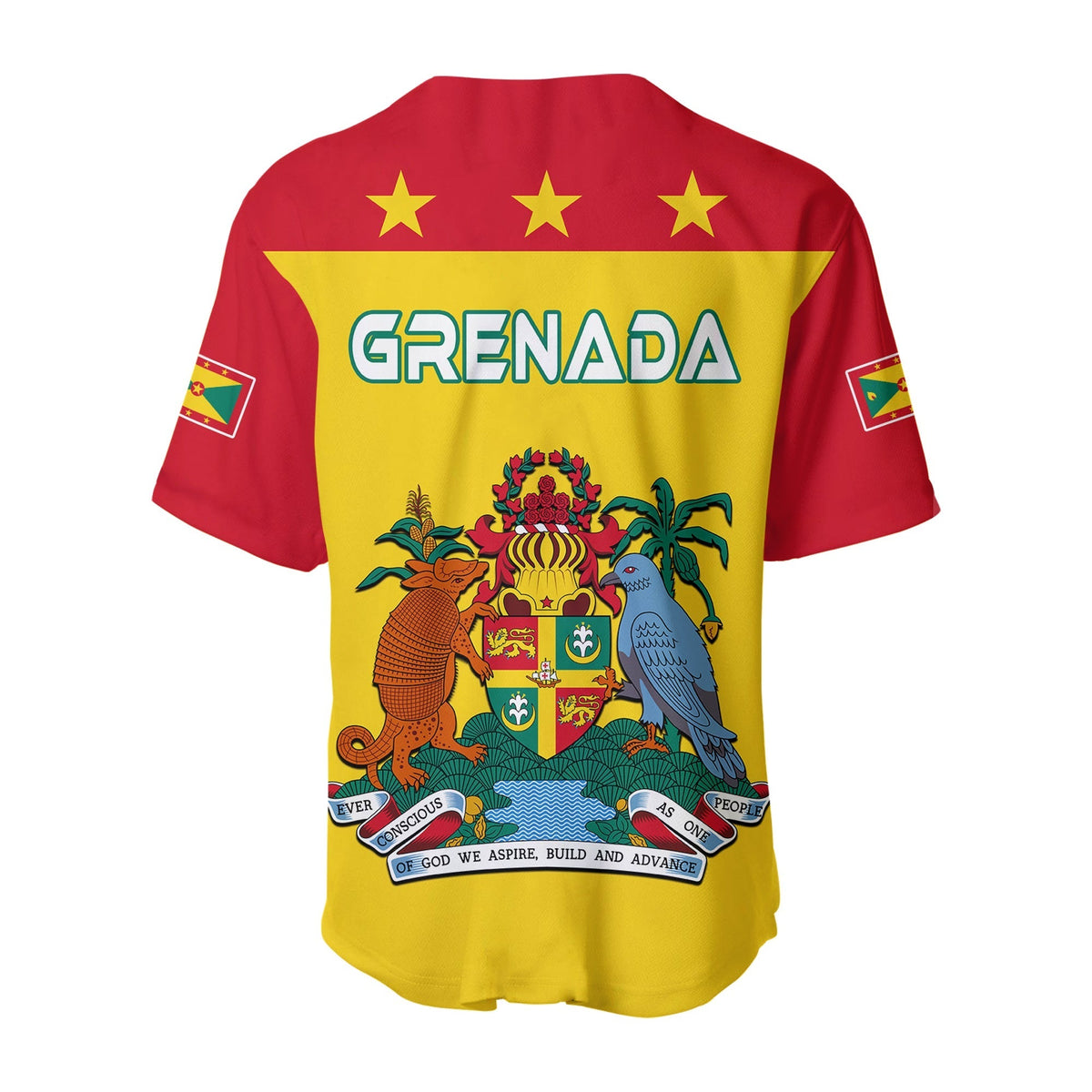 Back of Grenada baseball jersey: red shoulders, yellow body, GRENA... logo and crest