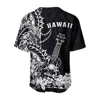 Black Hawaiian baseball jersey with 'HAWAII' text and large white ukulele graphic