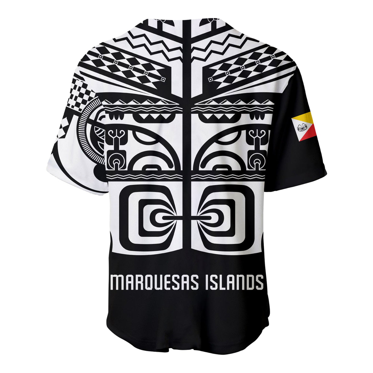 Black baseball jersey with large centered white Marquesas Islands graphic and curved hem