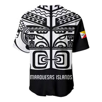 Black baseball jersey with large centered white Marquesas Islands graphic and curved hem