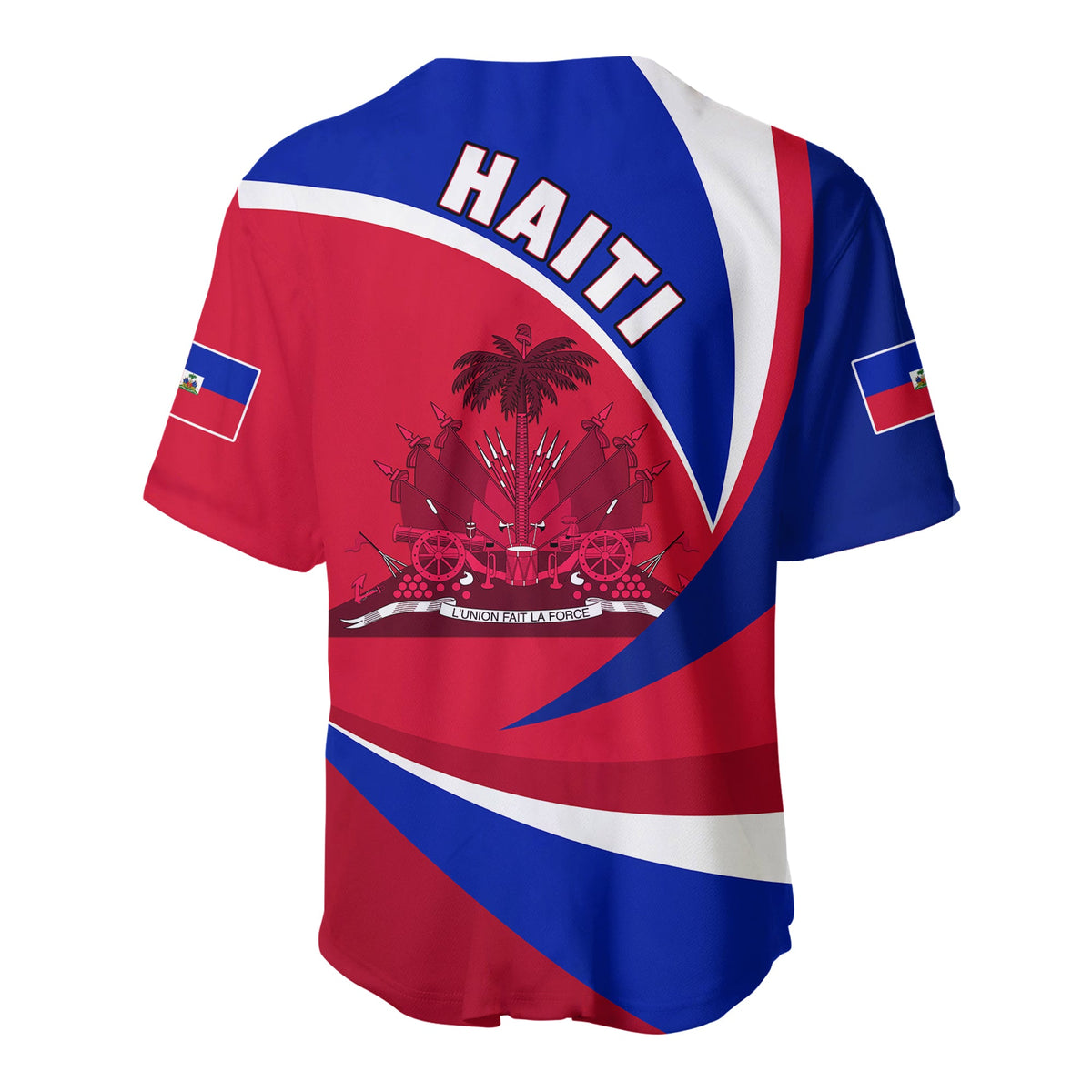 Back of red/blue/white Haiti flag baseball jersey, “HAITI” text and emblem graphic