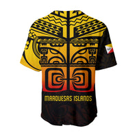 Yellow and black tiki baseball jersey, back panel with MARQUESAS ISLANDS text