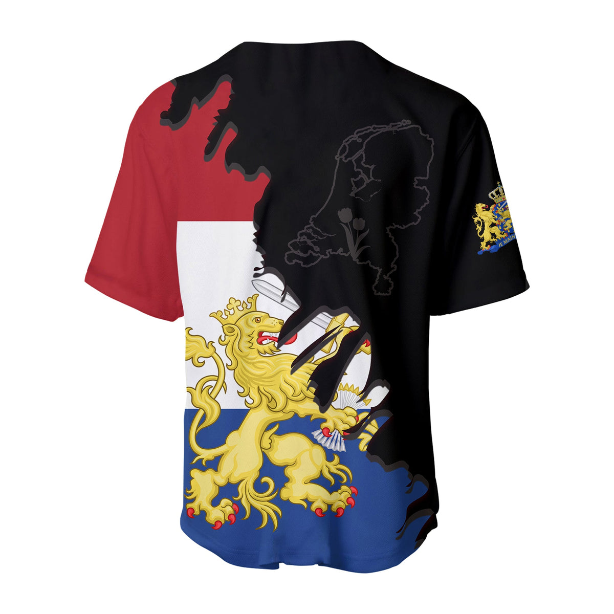 Schwarzes Baseballtrikot Rückansicht mit Niederlande-Karte und Löwenwappen