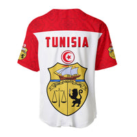 White baseball jersey back with red sleeves and Tunisian shield crest below 'TUNISIA'