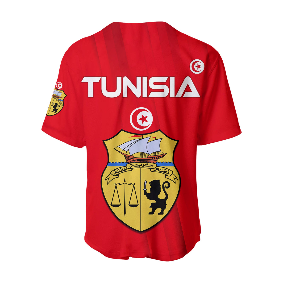 Red Tunisia baseball jersey back: TUNISIA text and shield crest with star