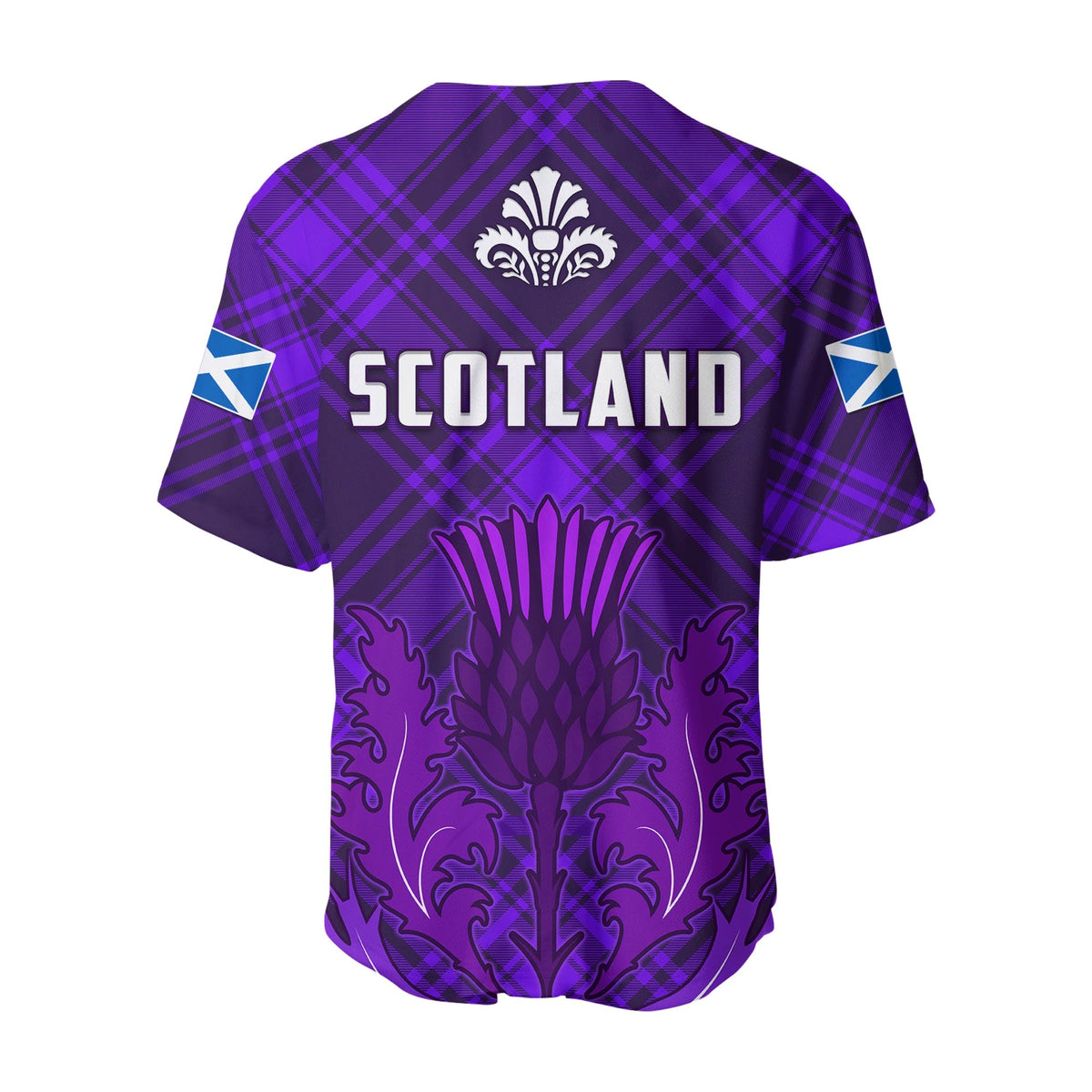 Back view of purple Scotland baseball jersey with “SCOTLAND” text and thistle emblem.