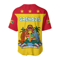 Back view of yellow Grenada baseball jersey with red sleeves, stars and coat-of-arms graphic