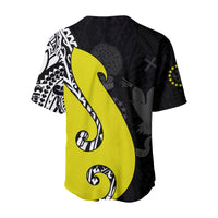 Black baseball jersey back view with large yellow fish hook print