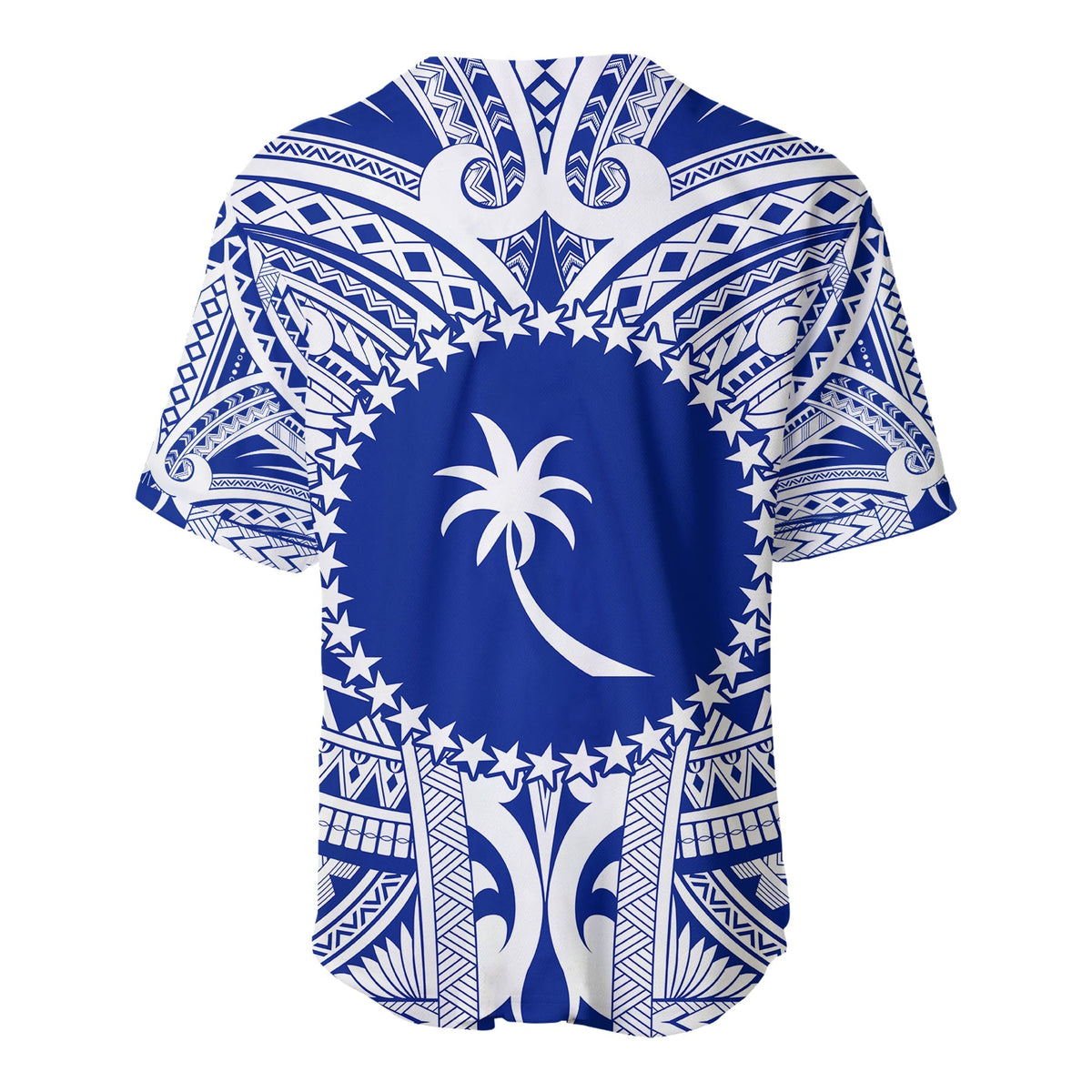 Blue baseball jersey back with star circle border, palm motif, tribal patterns, short sleeves