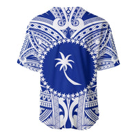 Blue baseball jersey back with star circle border, palm motif, tribal patterns, short sleeves