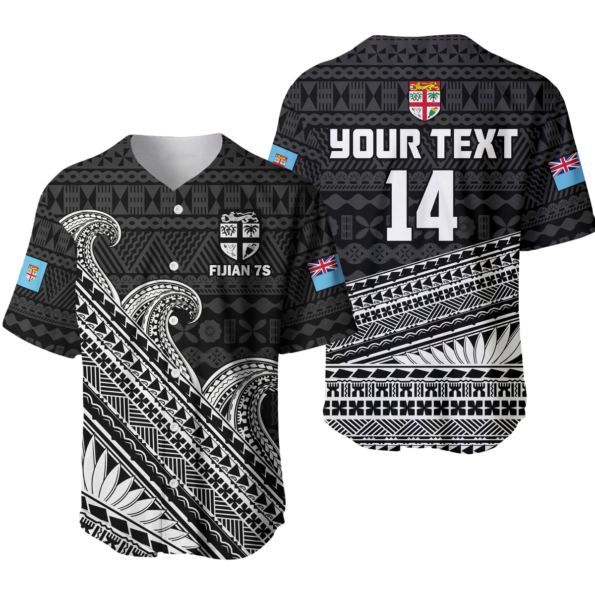 Black tapa-pattern baseball jersey with V-neck, 'YOUR TEXT' and '14' front, Fiji crest