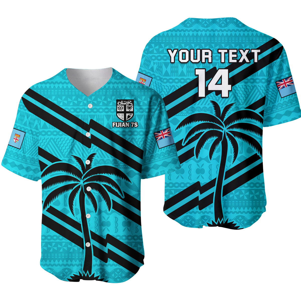 Cyan baseball jersey with tapa pattern, black stripes, palm graphic, YOUR TEXT and 14