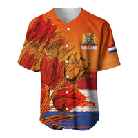 Orange baseball-style jersey with tulip graphic; front view, Holland crest