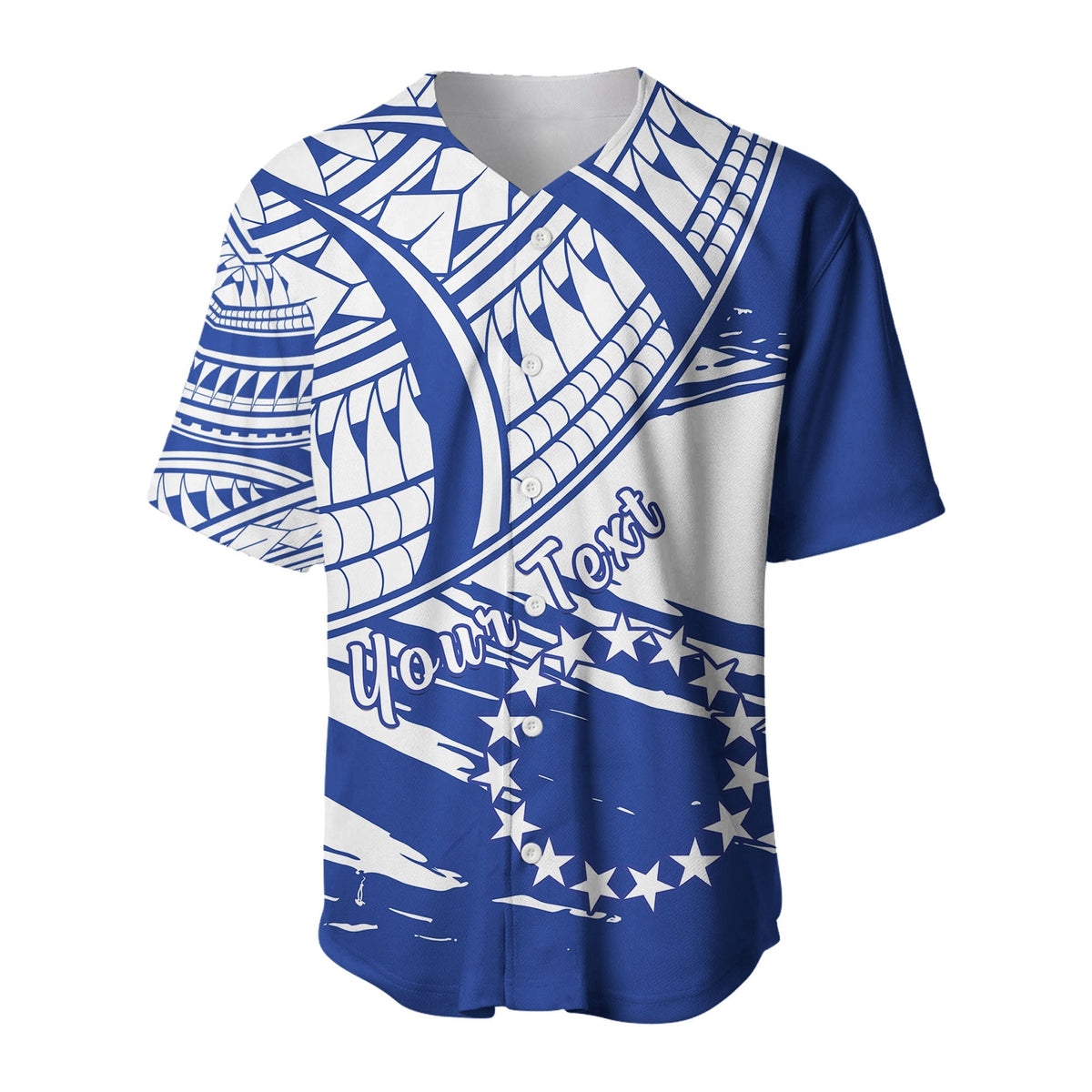 Baseball jersey blue with white flag-style claw pattern, button-front and collar