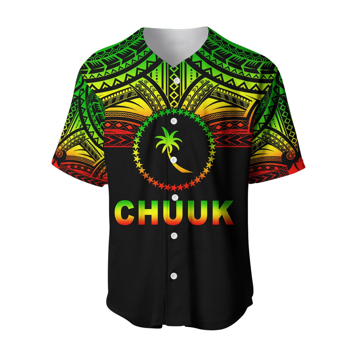Black reggae baseball jersey front, CHUUK text, palm motif, colorful tribal pattern, buttons