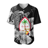 Black baseball jersey with V-neck collar, button placket, turtle shell and Guam crest print