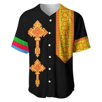 Black baseball jersey front with gold cross design, decorated vertical panel, multicolor trim on sleeves