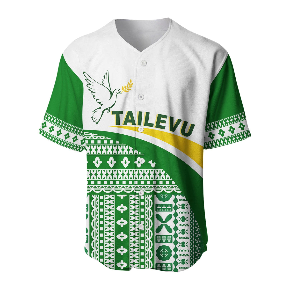 White rugby jersey with green sleeves, V-neck buttons, bird logo over tapa pattern