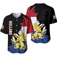 Front and back views of a black baseball jersey with HOLLAND text and lion crest