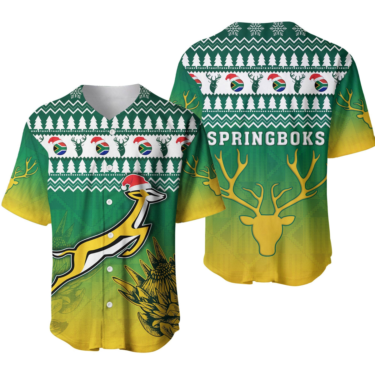 Green-to-yellow holiday rugby baseball jersey; reindeer stripes, button front, Springboks print