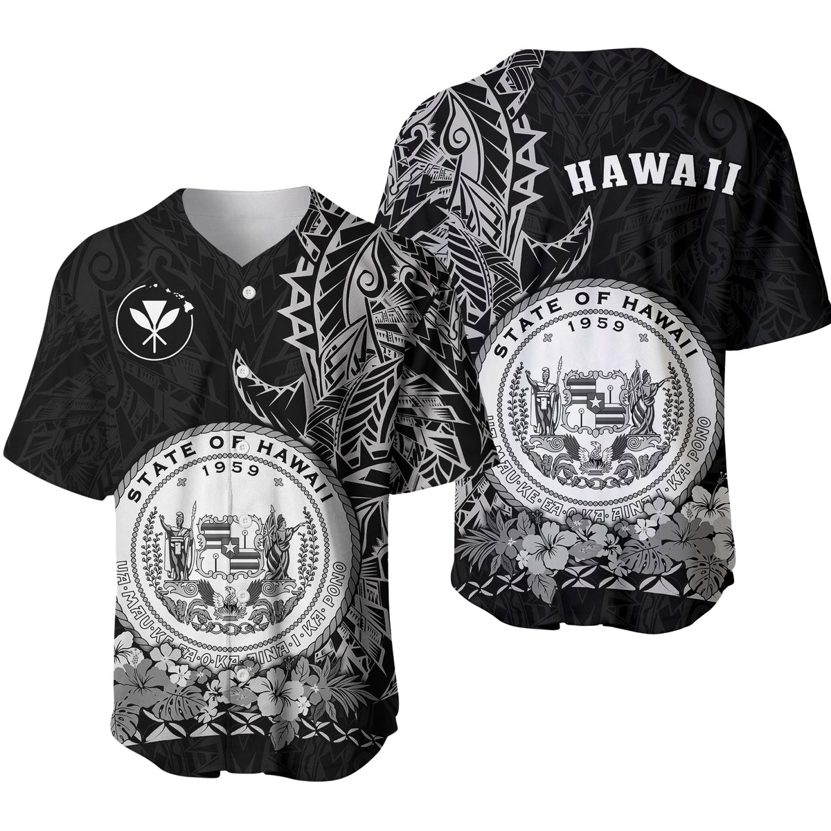Baseball jersey set, dark with white Hawaiian state seal and floral print, short sleeves