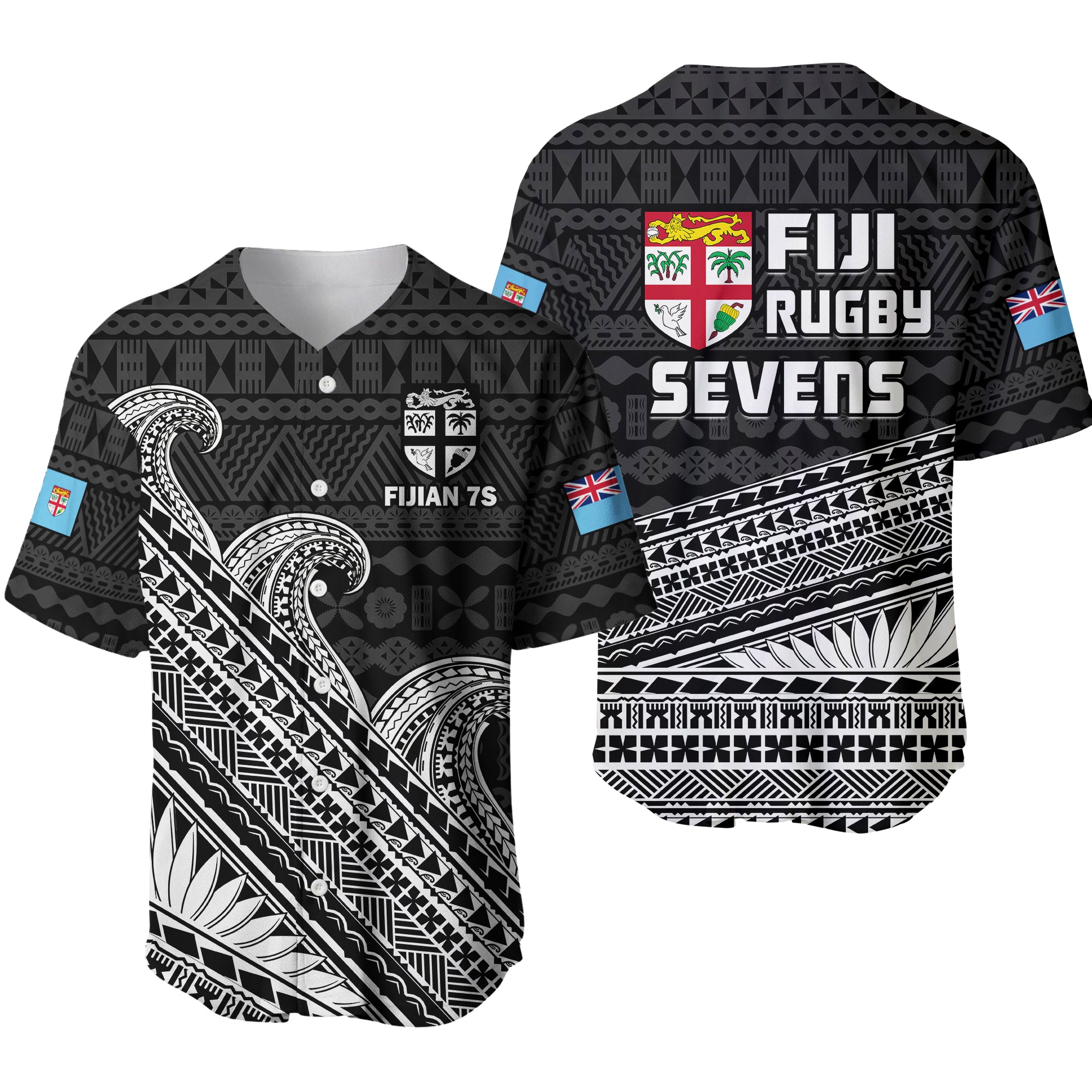 Fiji Sevens Rugby Fijian 7s Black Tapa Polynesian Art Baseball Jersey - Wonder Print Shop